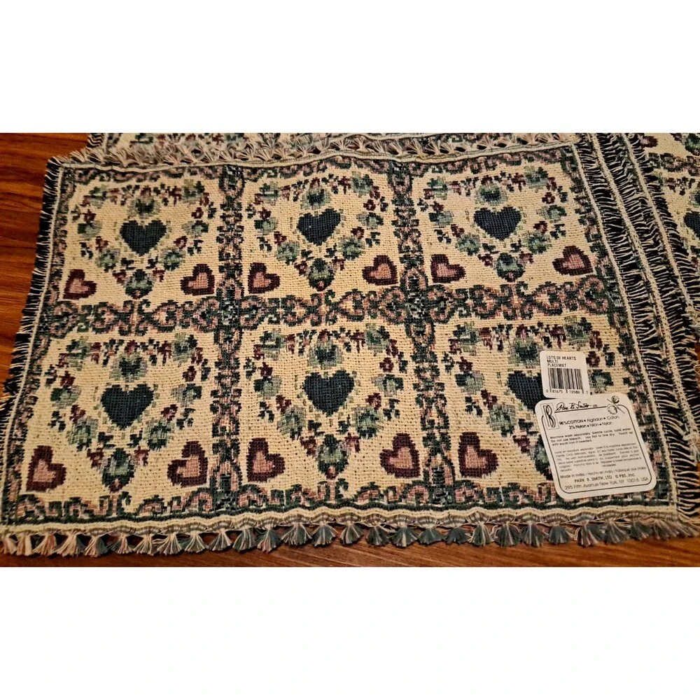 NEW Tapestry Placemats & Table Runner Set of 5 Blue Beige Hearts Country Boho